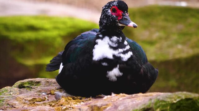 Close up of a muscovy duck resting beside a lake on a cloudy spring day 