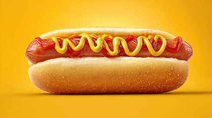 Mouthwatering hot dog with mustard and ketchup on a bun, set against a vibrant background