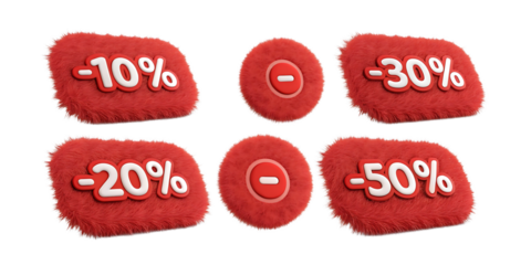 Fluffy red sale tags with discount percentages marketing concept
