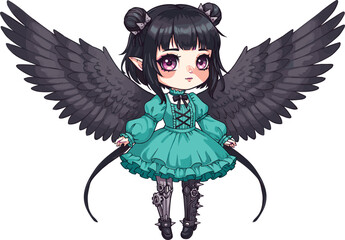 Chibi anime girl with black wings, gothic dress, cute horns, fantasy character design, magical creature, kawaii illustration, dark fantasy concept, unique style.