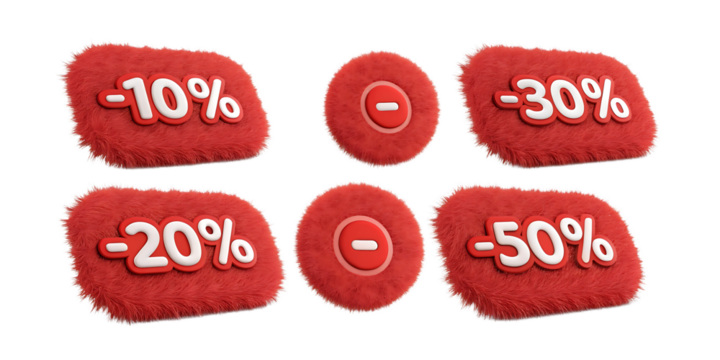 Fluffy red sale tags with discount percentages marketing concept