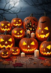 Halloween Jack-o-Lanterns on a Wooden Surface.