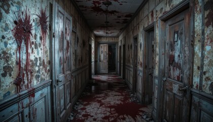 Creepy blood-splattered hallway of a haunted house, horror atmosphere