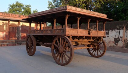 Fototapeta premium Antique wooden cart with large wheels in historical setting.