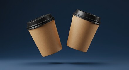 Two Brown Coffee Cups with Black Lids Floating on Dark Blue