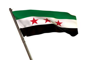 Syrian Flag Waving: A vibrant shot captures the Syrian flag, its green, white, and black stripes billowing proudly against a bright background, symbolizing national identity and heritage.