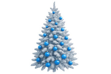 Silver christmas tree with blue ornaments on transparent background