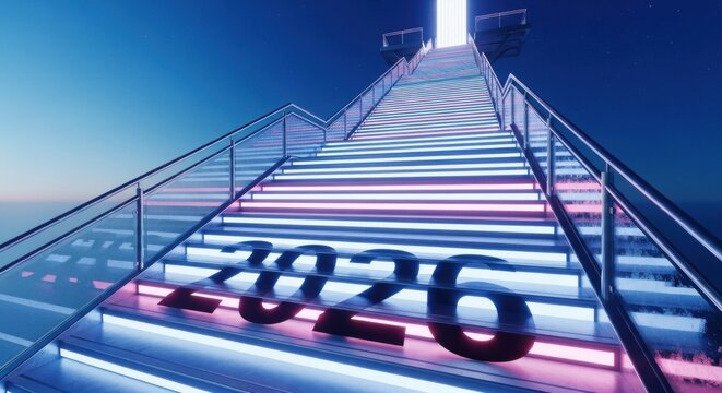 Futuristic Illuminated Staircase Leading to Sky with Neon Lights and Number 2026 at Night