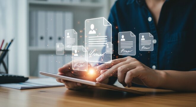 Digital resumes and applicant profiles are managed and accessed on a tablet, streamlining job applications and hiring.