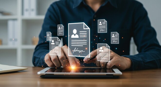 Digital documents on tablet. Man interacting with resume and contract graphics. Streamlined document workflow for HR or legal professional. - Powered by Adobe
