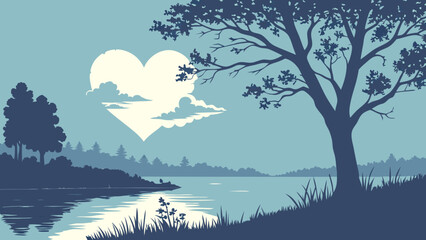 Heart-Shaped Cloud over Serene Lake and Trees Romantic Nature Landscape Illustration.