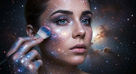 Cosmic beauty: A woman with galaxy makeup and a brush, blending artistry with celestial imagery for a stellar and ethereal portrait.