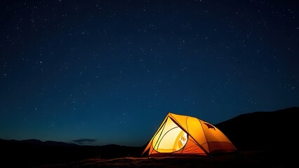 Cozy tent glowing under a starry night sky, with mountain silhouettes in the background.
