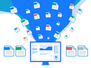 PC画面から飛び出すレポート・データのイラスト