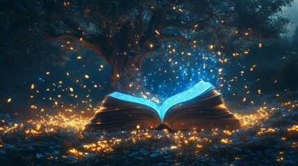 A magical open book glowing with bright blue light under a large tree at night surrounded by sparkling fireflies, imagination, fantasy, storytelling, creativity, inspiration, and magical knowledge.