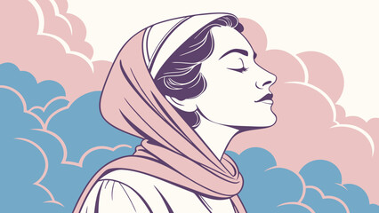 Serene Woman Profile with Pastel Clouds Elegant Vector Art Illustration.
