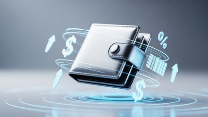 wallet integration success finance transaction concept. Digital wallet with financial symbols and arrows swirling around it.