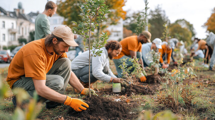 Group of volunteers planting trees in park