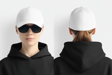 A person wearing a white cap mockup and sunglasses, facing forward and backward, dressed in a black hoodie