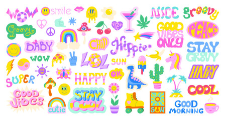 Retro happy sticker pack shape set 90s. Vintage comic label smiling face. Hippie groovy trendy cool sticker cartoon style. Naive playful old school quote patch bundle collection vector illustration