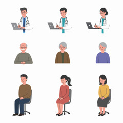 Diverse Doctors and Patients Illustration: Healthcare Professionals Consulting and Patients of Various Ages Waiting in a Clinic Setting.