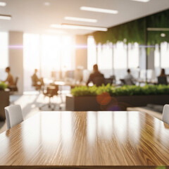 A polished wooden table is the focal point of this image, set against a blurred background of a modern office. The soft bokeh effect highlights a professional, sunlit workspace with a sense of quiet a