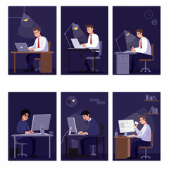 A collection of illustrations showing men working overtime at their desks late at night, symbolizing hard work, dedication, and potential burnout.