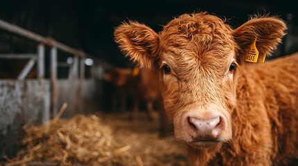 A fluffy brown calf stands in a barn, its face close to the camera, with hay and other cattle in the background