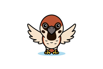 Cute Sparrow Bird Spreading Wings Cartoon Illustration