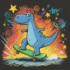 Obraz premium Happy Blue Dinosaur Skateboarding on Green Board with Chalk-Style Background