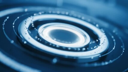 A seamlessly looping video features a sleek silver circular flare with metallic glints orbiting its core, depicting a sophisticated abstract technological interface motion graphics, aura, background
