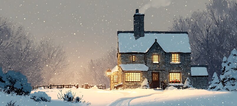 Charming stone cottage nestled in a snowy landscape, lights glowing warmly from the windows, creating a cozy winter scene - Powered by Adobe