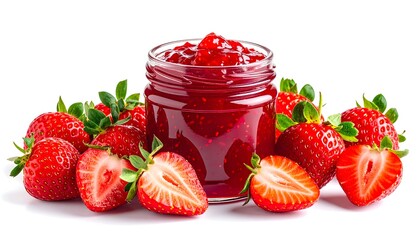 Strawberry jam in glass jar with fresh strawberries around