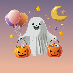 Happy Halloween Ghost with Candy Buckets, Balloons, Stars, and a Crescent Moon - Festive Illustration