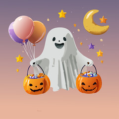 Cute ghost with candy buckets and balloons, celebrating a happy Halloween evening with a crescent moon and stars
