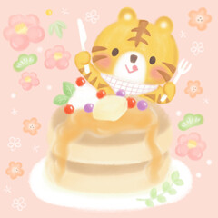 美味しそうなパンケーキとかわいいトラのイラスト