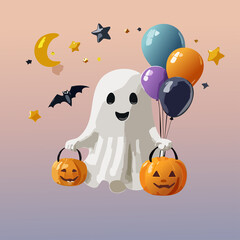 Whimsical Halloween Ghost with Balloons and Pumpkin Buckets Illustration