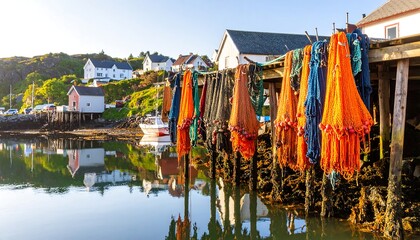 Colorful fishing nets hang to dry on a wooden dock, reflecting in the calm water of a picturesque harbor village