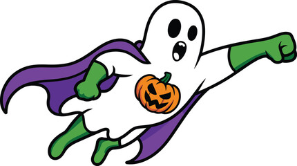 Cartoon ghost flying with pumpkin and purple cape halloween