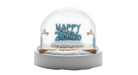 Happy 2026 basketball snow globe with snowflakes and basketball hoops, isolated on transparent background