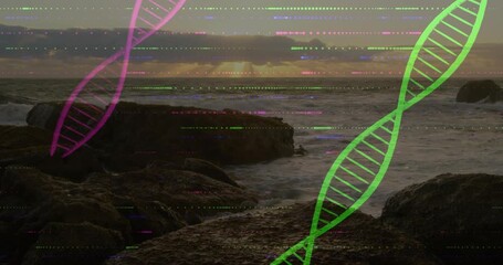 Sunset rays sparking pink green DNA helices fading in glitch lines sweeping showing gene data - Powered by Adobe