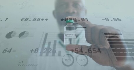 Doctor centering COVID-19 vial, adjusting vial for aligning with finance charts cycling metrics - Powered by Adobe