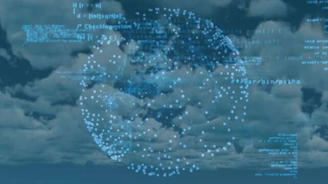 Drifting clouds revealing glowing sphere, sliding code streams forming digital scaffold for network