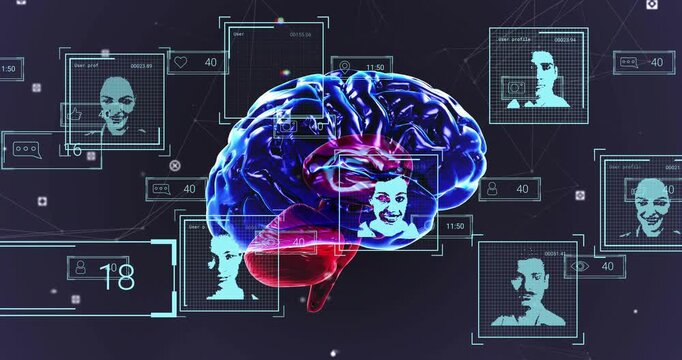 Brain floating starting profile cards forming with counts climbing cortex showing data processing