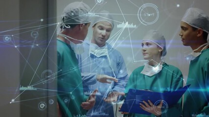 Male surgeon leading colleagues into OR prep corridor as holographic charts flickering guiding prep - Powered by Adobe