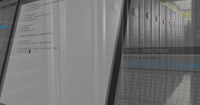 After one-second panel sliding over black racks, code scrolling, showing encryption progress