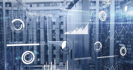 upon overlays appearing, racks lining aisle displaying data bars, pulsing charts for monitoring - Powered by Adobe