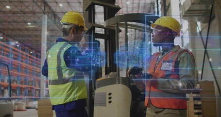 Technician tapping tablet updating AR panels while supervisor coordinating forklift in warehouse - Powered by Adobe