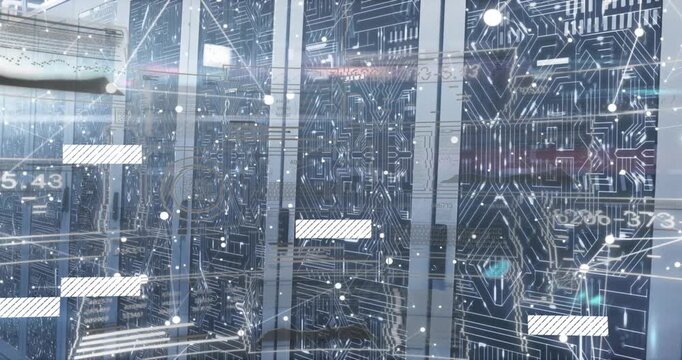 Server rack overlay activating data bars sliding nodes pulsing floating codes visualizing data flow