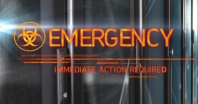 Emergency graphic fading in, sliding bars, subtitle glitching shifting to immediate action required